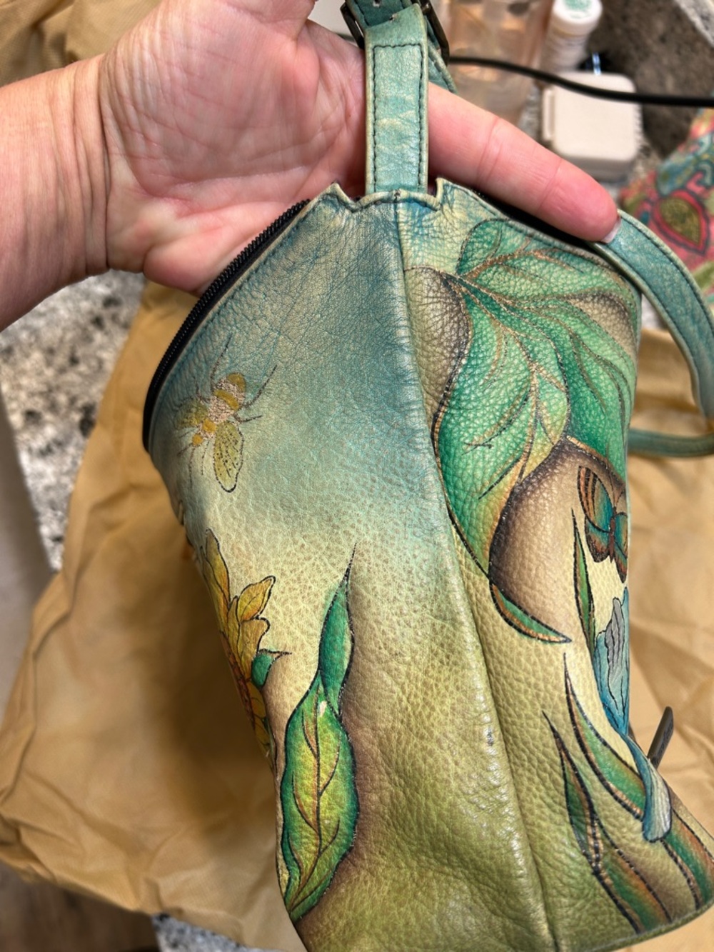 Anuschka Hand-Painted Floral & Butterfly Leather Shoulder Bag - Teal Multi - Picture 7 of 8